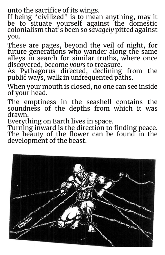 unto the sacrifice of its wings.  If being “civilized” is to mean anything, may it be to situate yourself against the domestic colonialism that’s been so savagely pitted against you.  These are pages, beyond the veil of night, for future generations who wander along the same alleys in search for similar truths, where once discovered, become yours to treasure.  As Pythagorus directed, declining from the public ways, walk in unfrequented paths.  When your mouth is closed, no one can see inside of your head.  The emptiness in the seashell contains the soundness of the depths from which it was drawn.  Everything on Earth lives in space.  Turning inward is the direction to finding peace. The beauty of the flower can be found in the  development of the beast.  